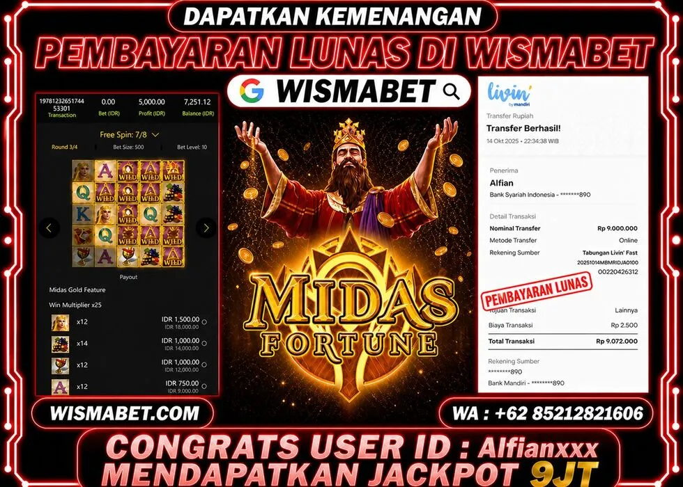 Wismabet - BUKTI KEMENANGAN Midas Fortune Rp9,072,000,- LUNAS